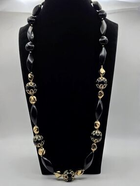 Black & Gold Statement Necklace Long Beaded Necklace Chunky Fashion Jewelry